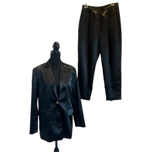 French Connection black adaline satin blazer trouser ankle pant suit set NWT